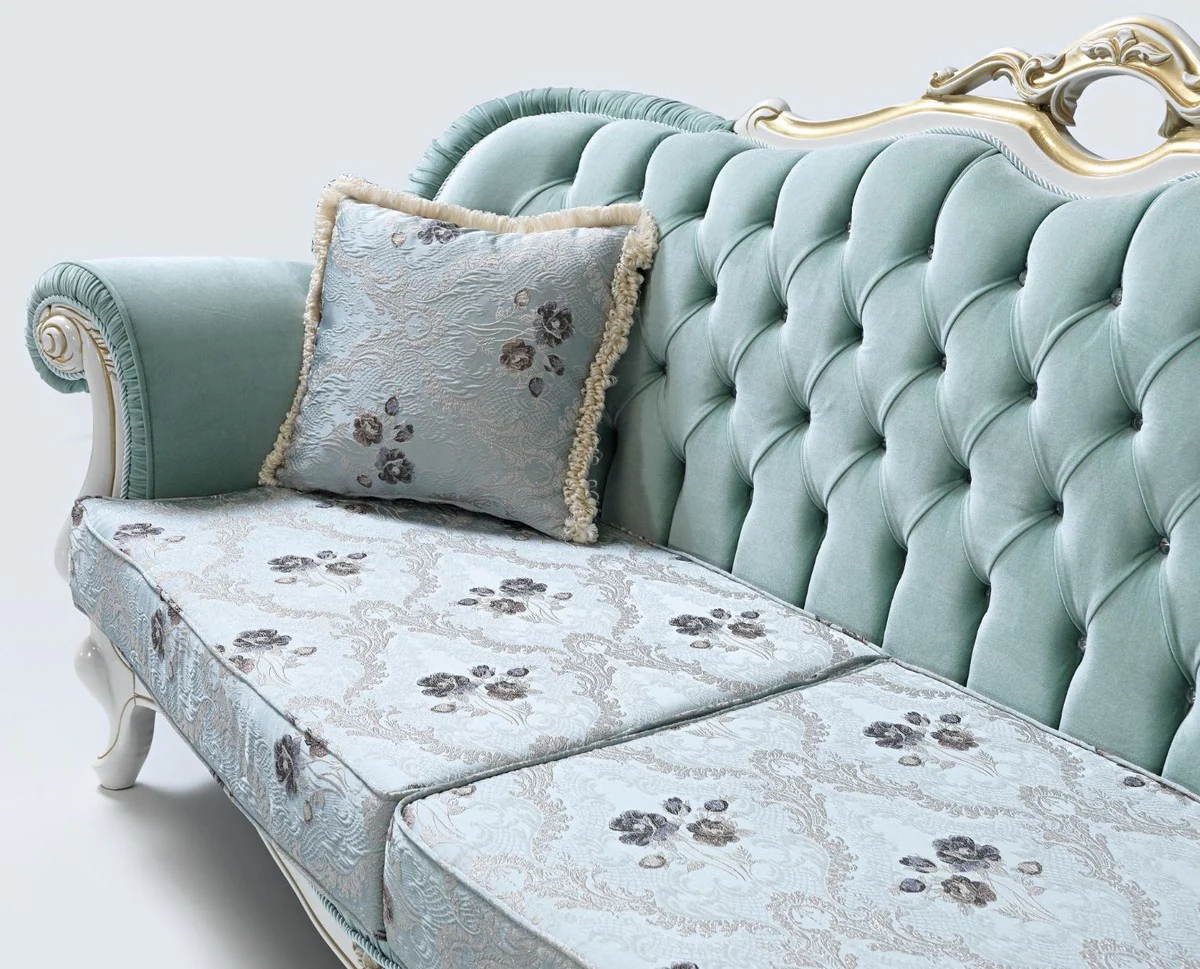 Baroque living room sofa with glittering stones and floral pattern light green / light blue / white / gold 215 x 80 x H. 120 cm - Baroque furniture
