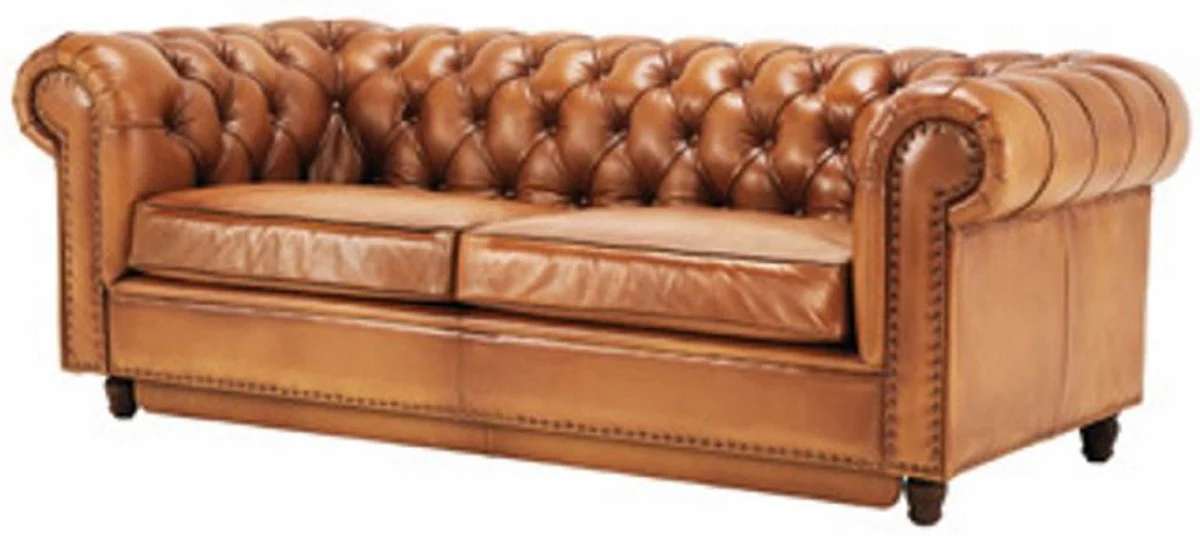 Luxury Chesterfield genuine leather sofa bed light brown / brown 220 cm - genuine leather furniture