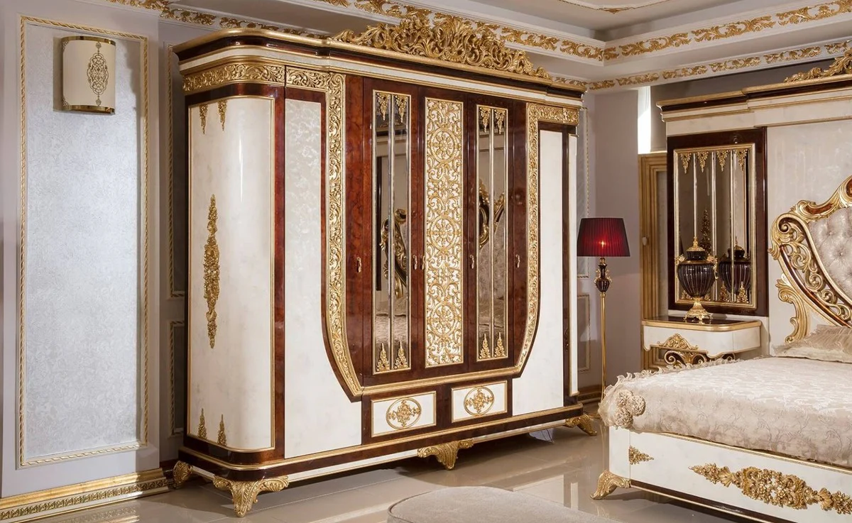 Luxury baroque bedroom wardrobe white / brown / gold - magnificent solid wood wardrobe in baroque style - baroque bedroom & hotel furniture - noble & magnificent