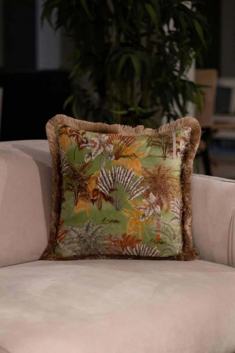 Luxury decorative cushion jungle design green / multicolored / brown 45 x 45 cm - printed velvet cushion with fringes - decorative accessories