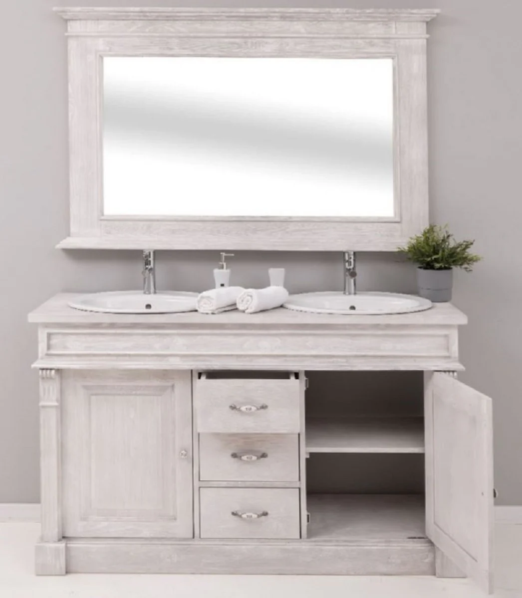 Country house style bathroom set light gray - 1 double washbasin & 2 sinks & 2 taps & 1 wall mirror - solid wood bathroom furniture in country house style