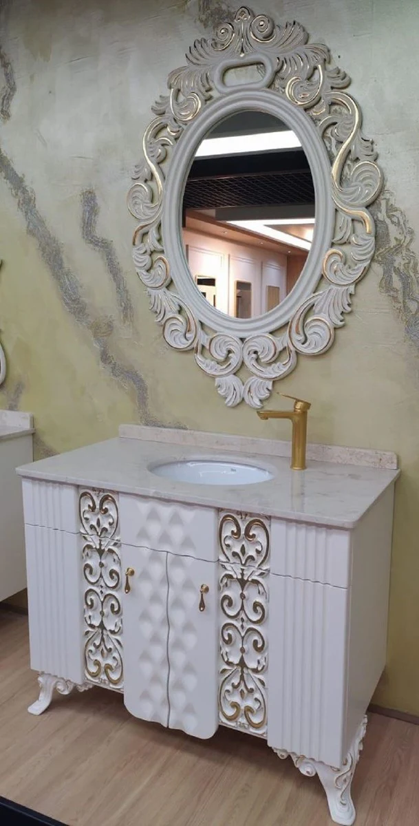 Baroque bathroom set white / gold - 1 washbasin with marble top and ceramic washbasin & 1 wall mirror - Magnificent baroque bathroom furniture