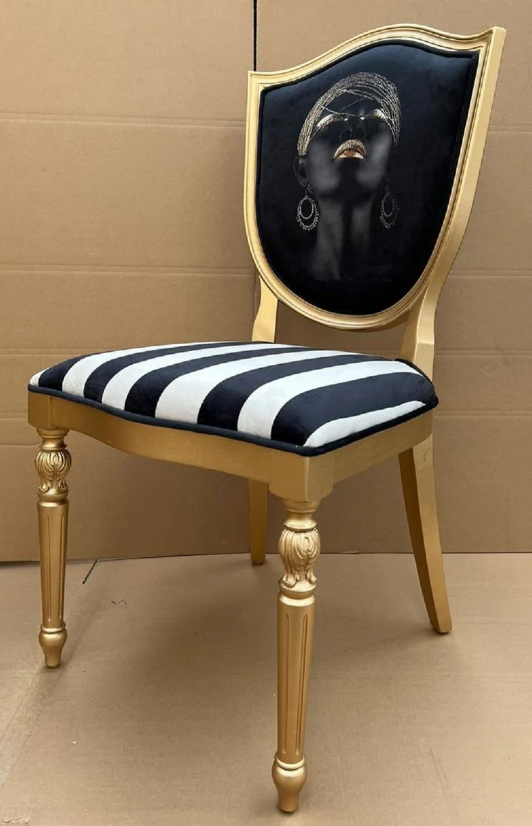 Luxury Art Deco Dining Room Chair with Design and Stripes Black / White / Gold - Elegant Solid Wood Chair - Art Deco Dining Room Furniture