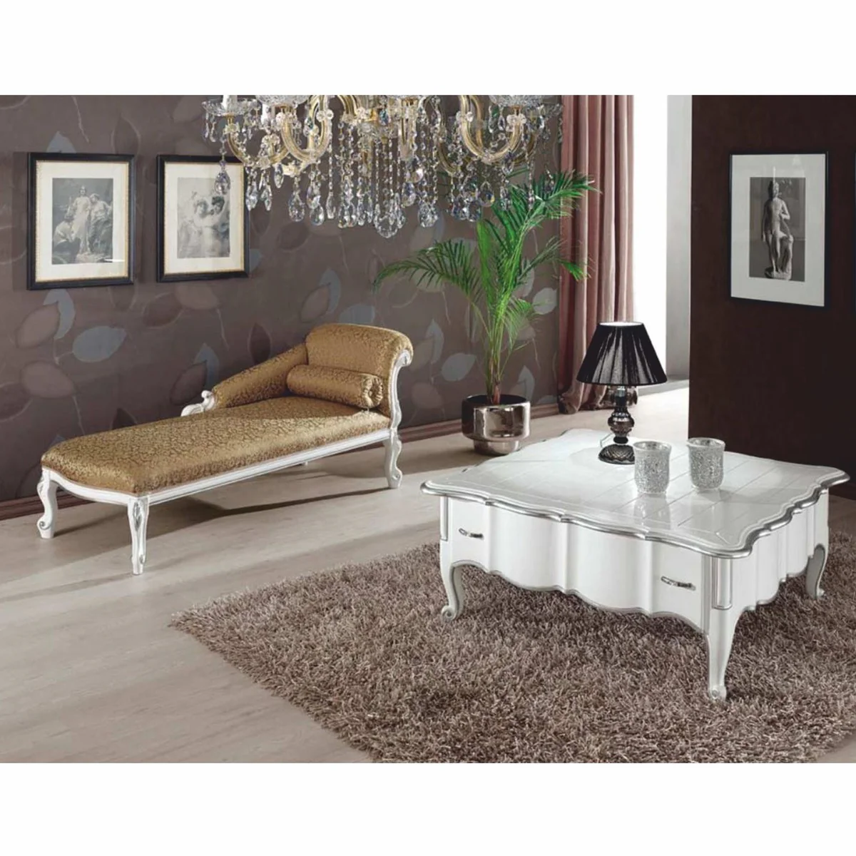 Luxus Barock Chaiselongue Gold / Weiß / Silber 166 cm - Made in Italy
