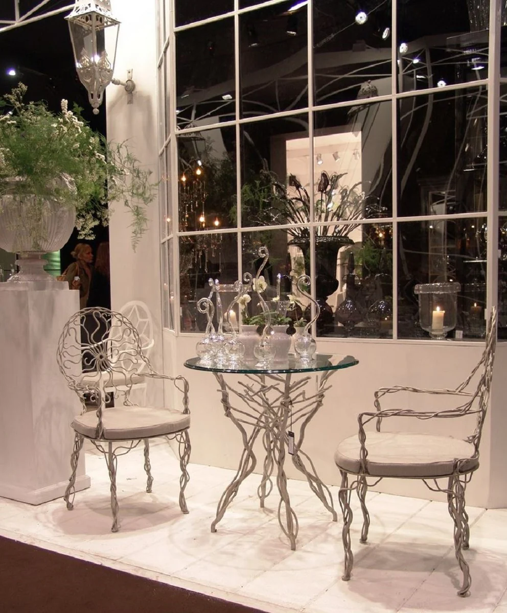 Luxury Art Nouveau table gray Ø 60 x H. 75 cm - Hand-forged wrought iron garden table with glass top - Luxury Art Nouveau garden and dining room furniture