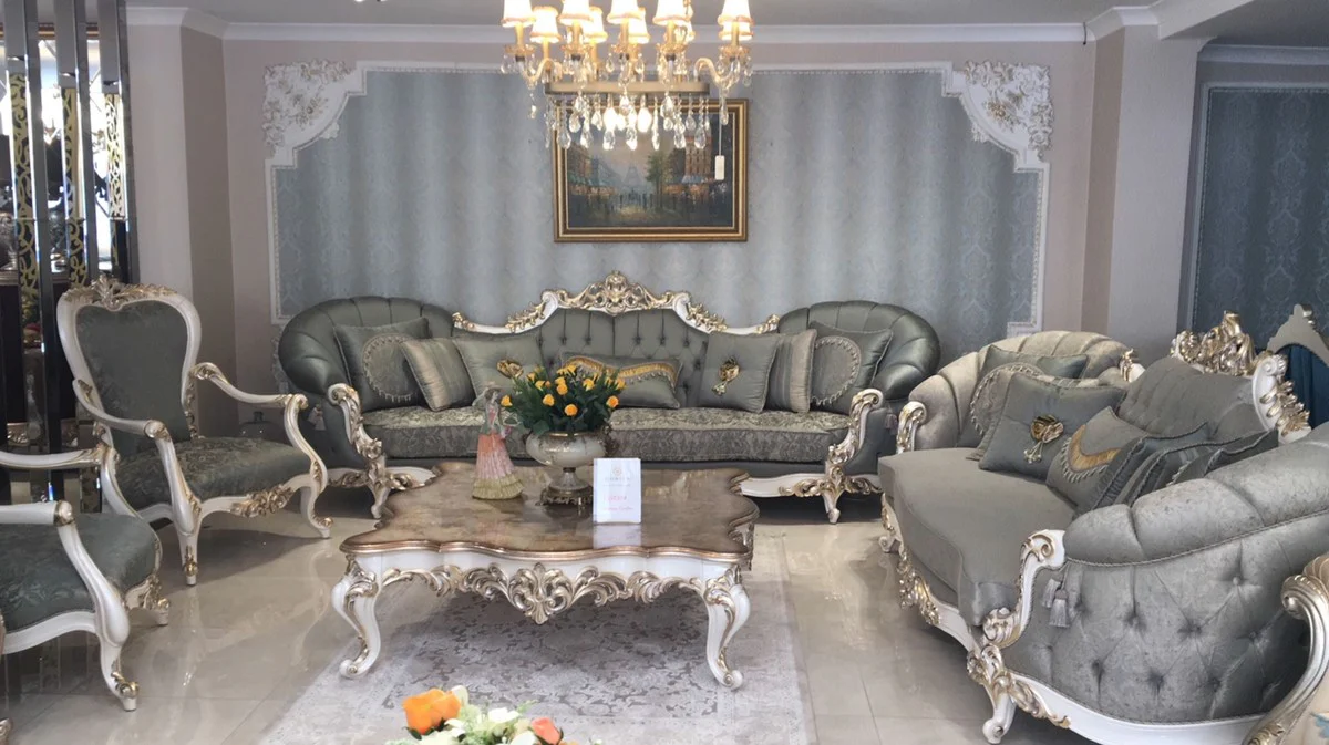 Luxury Baroque Living Room Sofa Green / White / Gold - Handmade Baroque Living Room Furniture - Noble & Magnificent