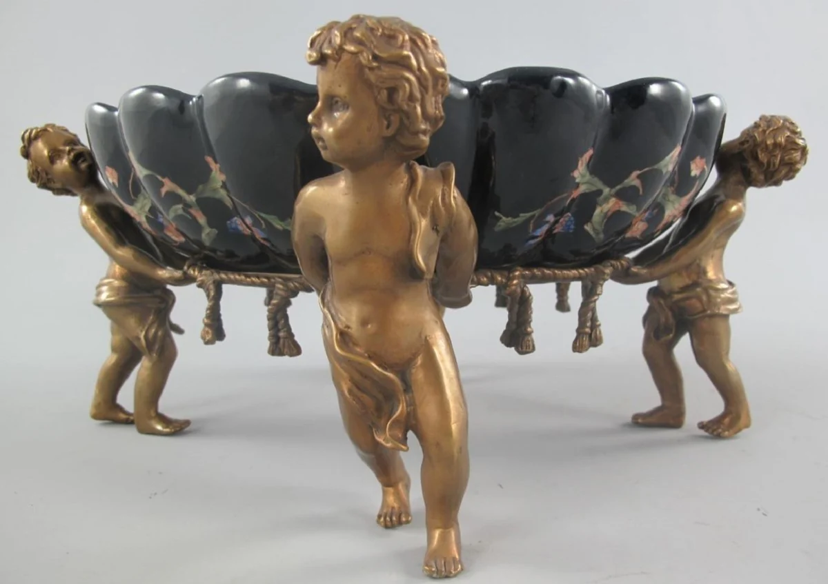 Art Nouveau porcelain bowl with 4 decorative angel figures black / multicolored / brass 40 x 34 x H. 17 cm - Baroque & Art Nouveau decorative accessories