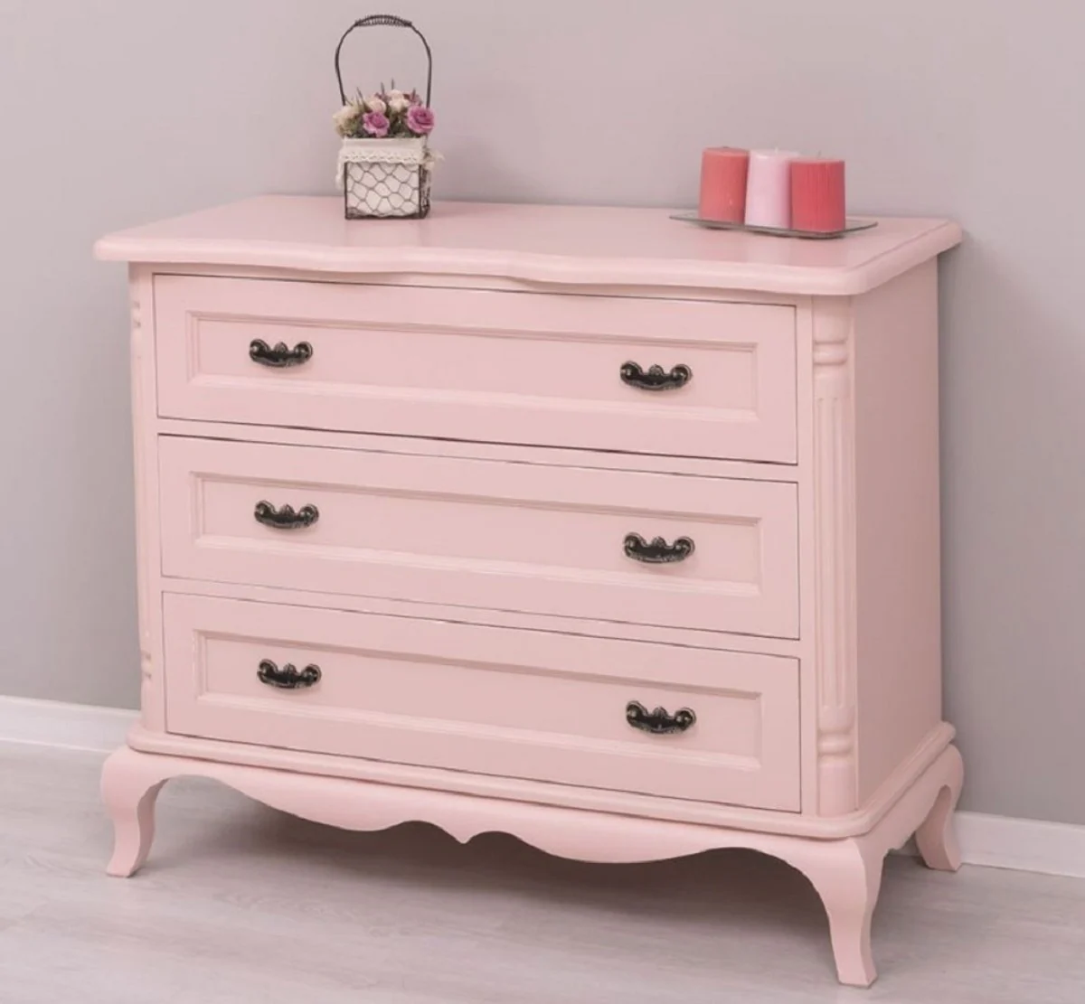 Country house style chest of drawers pink 110 x 48 x H. 89 cm - Solid wood cabinet with 3 drawers - Country house style bedroom furniture - Country house style furniture - Country house style furnishings