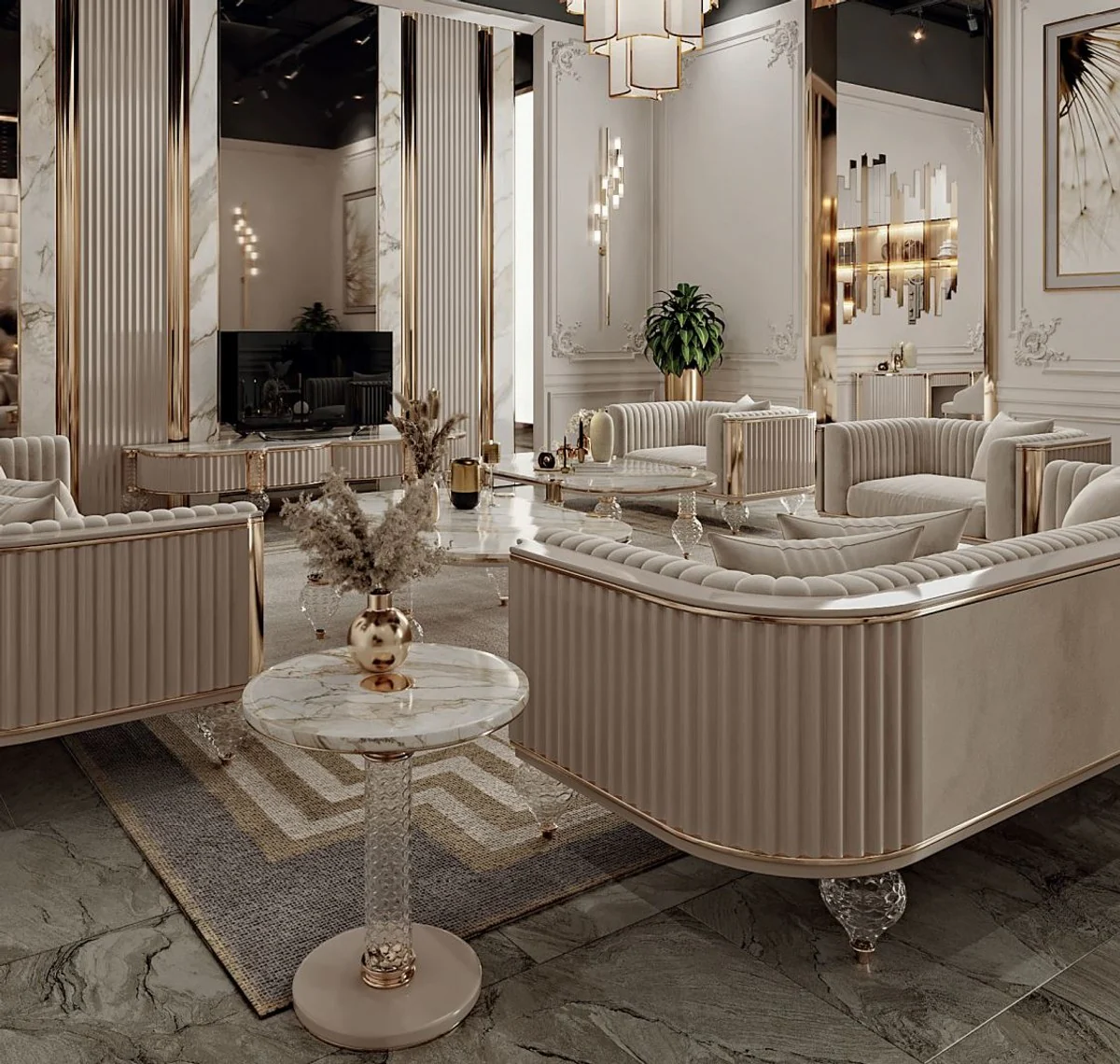 Luxury Art Deco side table white / gray / gold Ø 43 x H. 61 cm - Round table with elegant artificial marble table top - Art Deco living room furniture - Luxury living room furniture