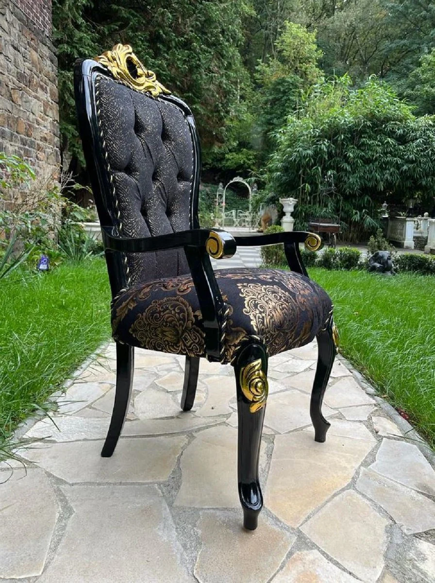 Luxury Baroque Dining Room Chair with Armrests Black / Gold - Luxury Dining Room Furniture in Baroque Style - Magnificent Baroque Furniture - Baroque Interior