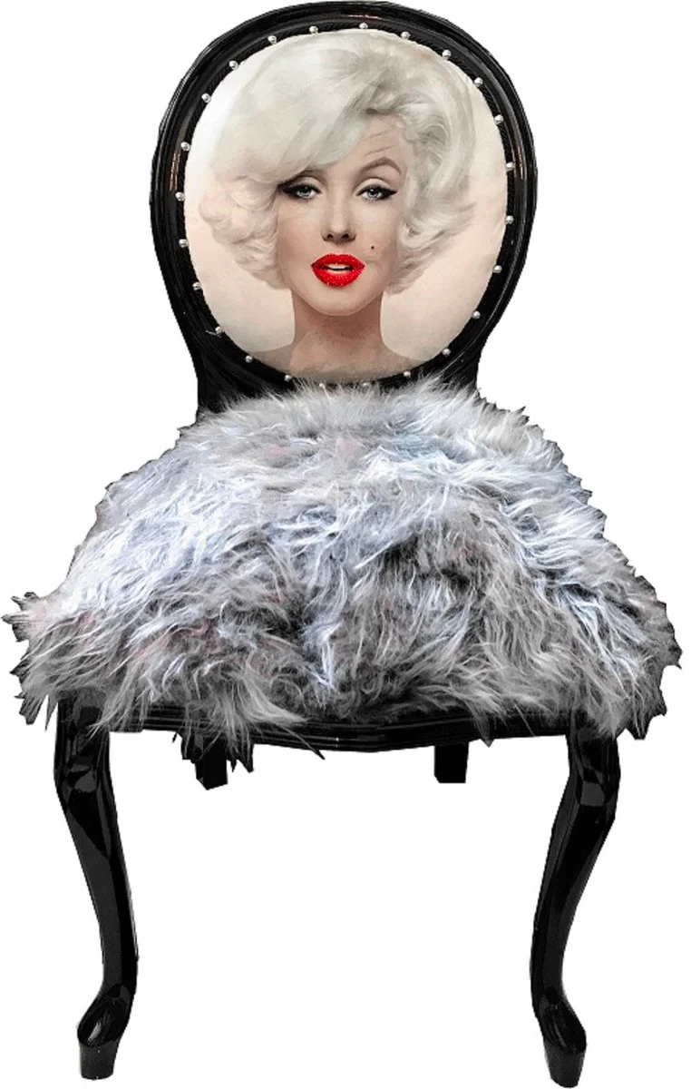 Luxury Baroque Dining Room Chair Set Marilyn Monroe Gray / Black 50 x 60 x H. 104 cm - Handmade Pop Art Designer Chairs with Faux Fur - Baroque Dining Room Furniture