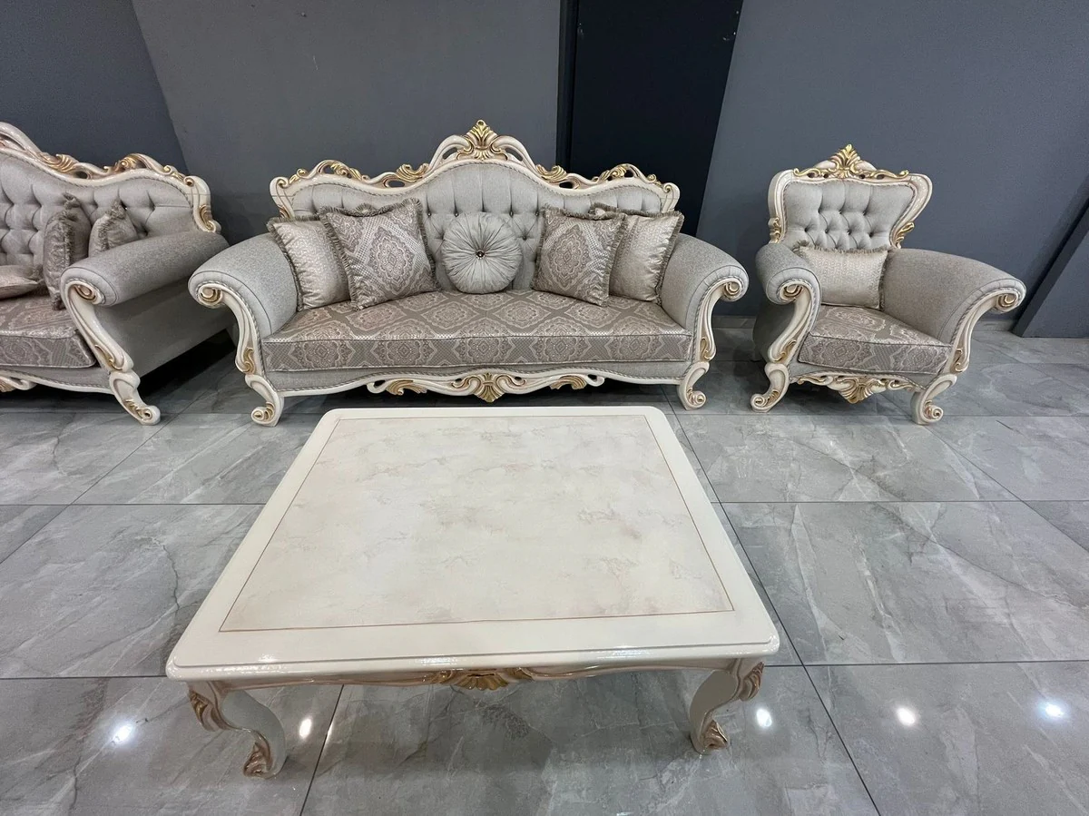 Luxury Baroque Sofa Gray / White / Gold - Magnificent Living Room Sofa with Glitter Stones - Baroque Style Living Room Furniture - Luxury Furniture in Baroque Style - Noble & Magnificent