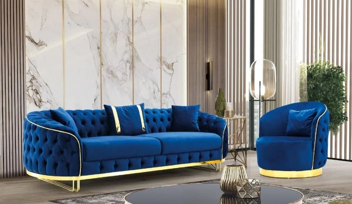 Luxury Chesterfield armchair blue / gold 90 x 95 x H. 75 cm - Modern living room armchair - Chesterfield living room furniture