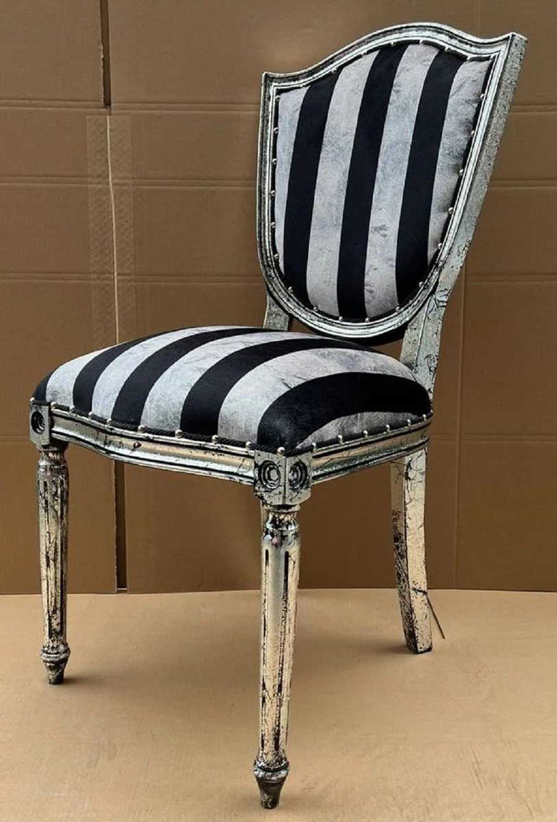 Luxury Art Deco Dining Room Chair Silver / Black / Antique Silver - Elegant Solid Wood Chair with Stripes - Art Deco Dining Room Furniture