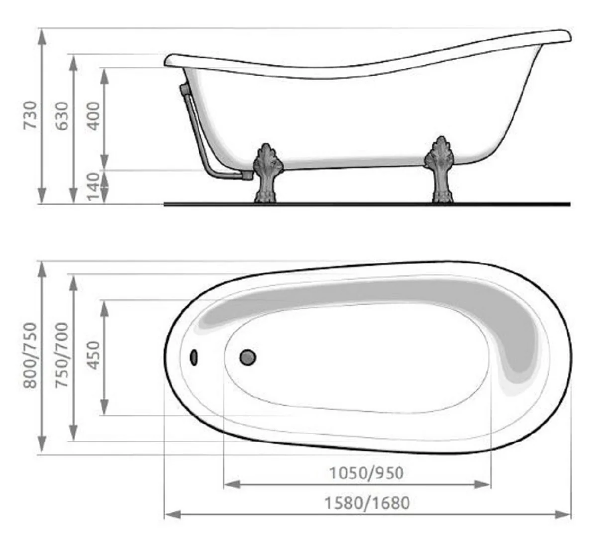 Art Nouveau bathtub yellow / white / silver 168 cm - freestanding retro style bathtub