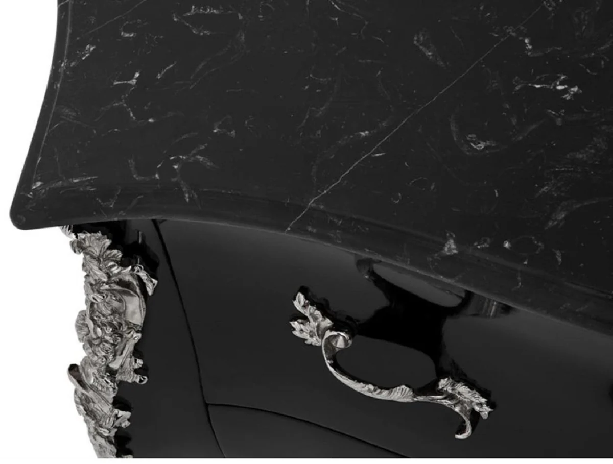 Luxury baroque chest of drawers with 2 drawers and marble top high-gloss black / silver / black 100 x 53 x H. 85 cm - luxury furniture in the baroque style