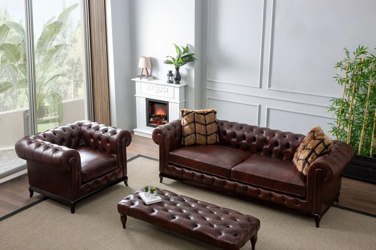 Luxury Chesterfield faux leather sofa dark brown 235 x 90 x H. 75 cm - living room sofa - living room furniture - luxury furniture - living room furnishings - luxury furnishings - furniture luxury