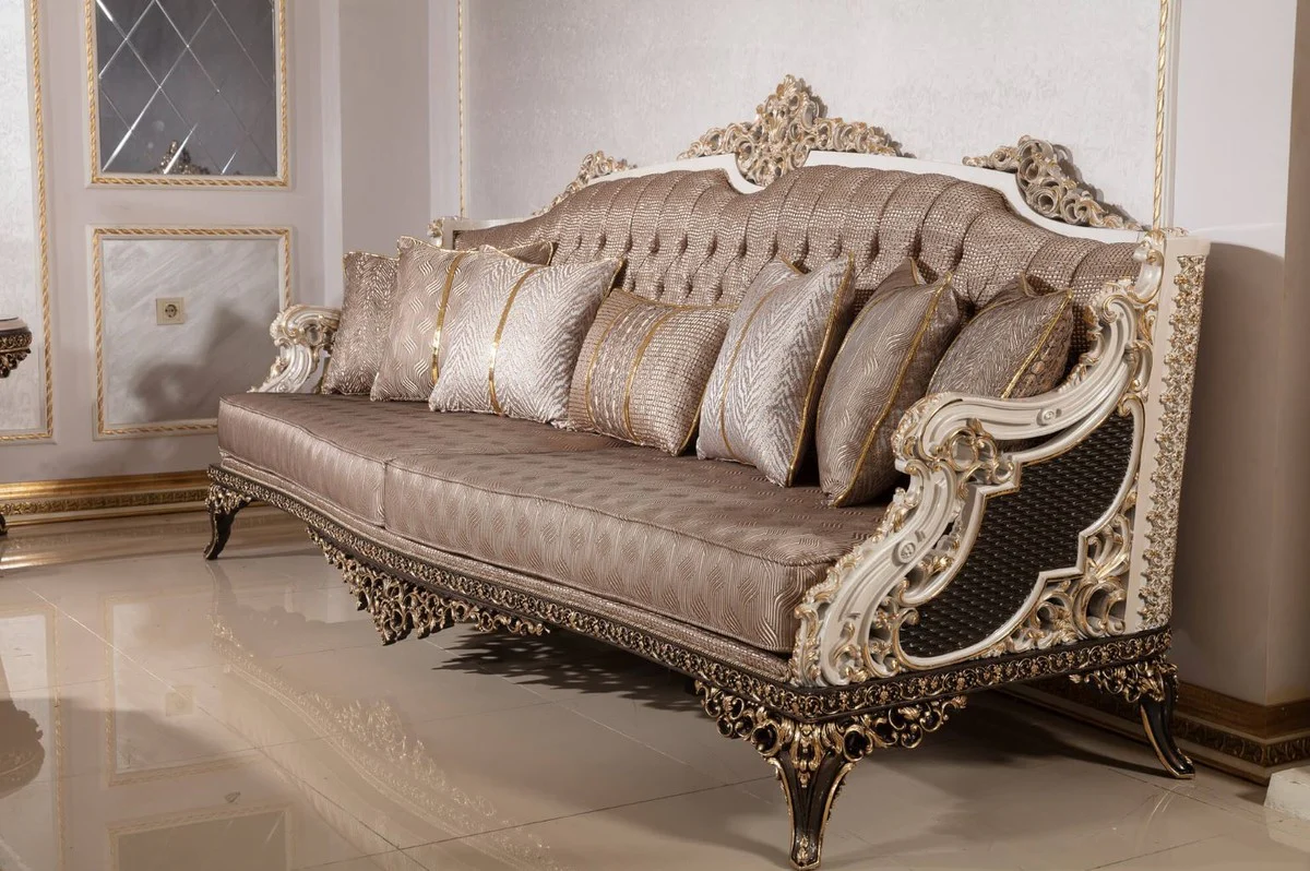 Luxury Baroque Sofa Gray / White / Dark Brown / Gold 255 cm