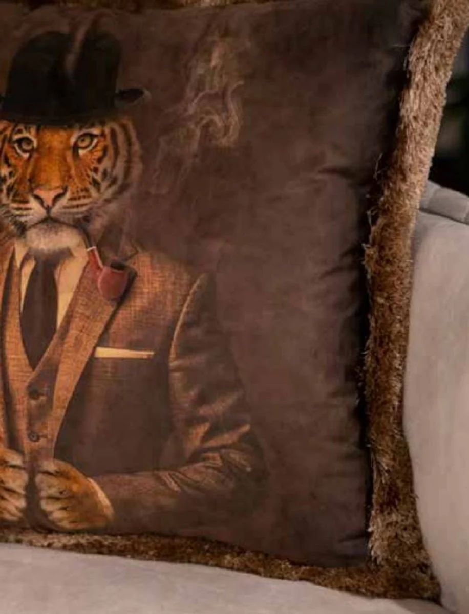 Luxury decorative cushion Gentleman Tiger brown / multicolored 45 x 45 cm - printed velvet cushion with fringes - luxury quality