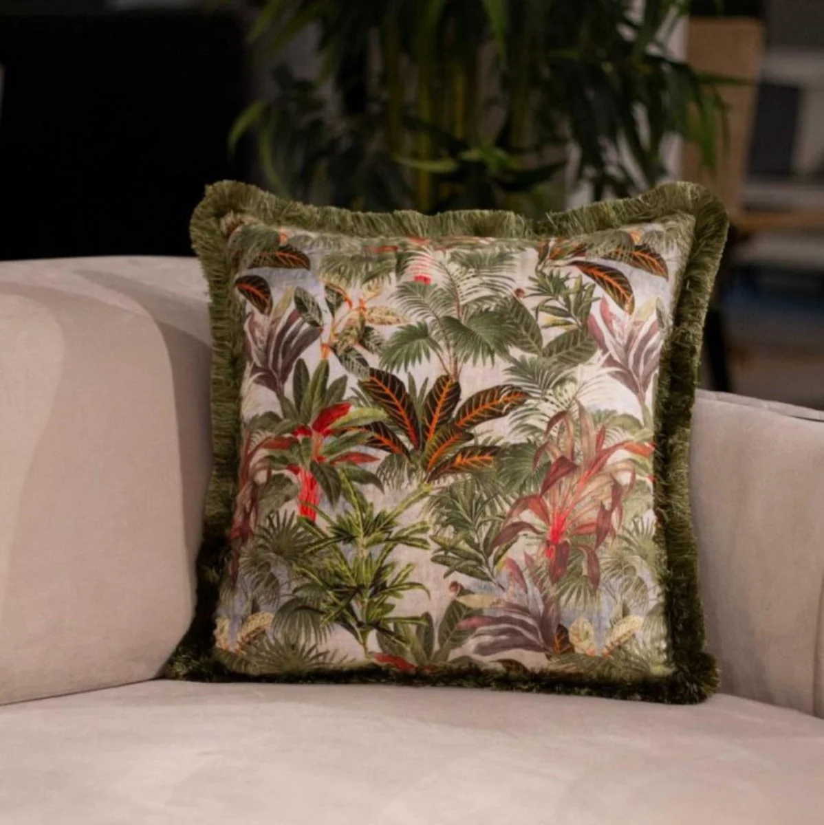 Luxury decorative cushion jungle design multicolored / green 45 x 45 cm - printed velvet cushion with fringes - decorative accessories