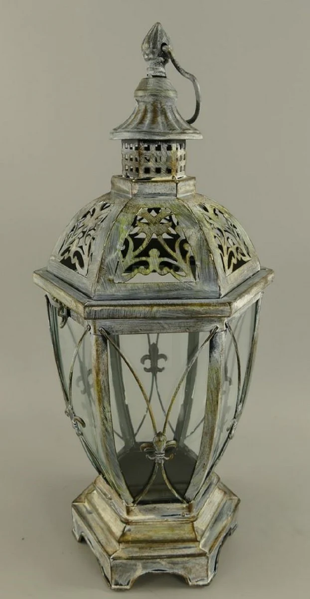 Art Nouveau lantern antique silver 25 x 25 x H. 58 cm - metal table lantern with carrying handle - Baroque & Art Nouveau decorative accessories