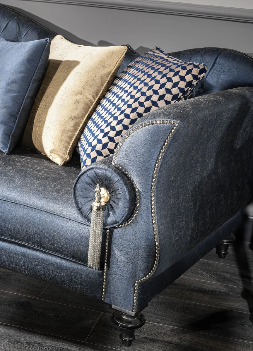 Luxury baroque living room sofa blue / silver / black 300 x 94 x H. 88 cm - noble & magnificent