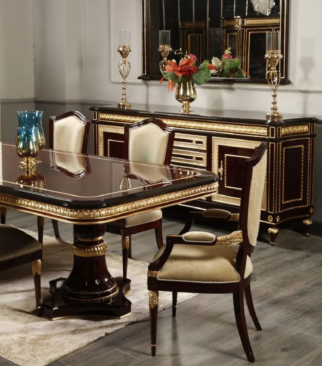 Luxury Baroque Dining Room Chair with Armrests Gold / Dark Brown / Gold - Luxury Dining Room Furniture in Baroque Style - Magnificent Baroque Furniture - Baroque Interior