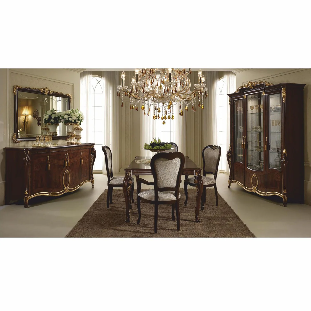 Luxus Barock Vitrine Dunkelbraun / Gold 198 x H. 231 cm - Barock Möbel - Made in Italy