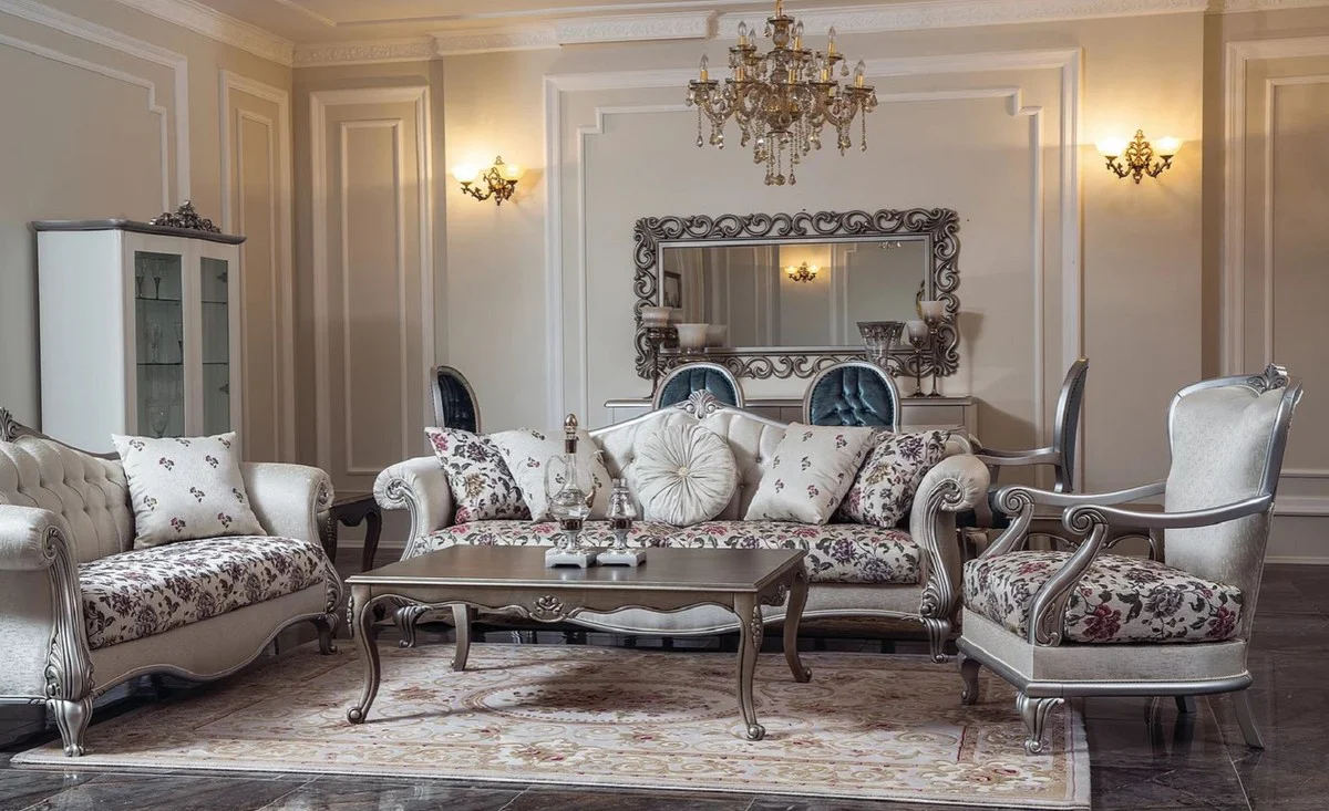 Luxury baroque sofa cream / beige / silver 230 x 84 x H. 99 cm - Elegant living room sofa with floral pattern and decorative pillows - Baroque living room furniture