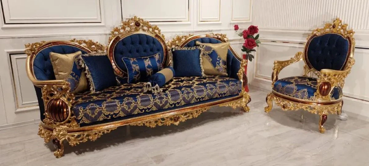 Luxury Baroque Sofa Blue / Gold / Brown - Magnificent living room sofa with elegant pattern - Baroque living room furniture