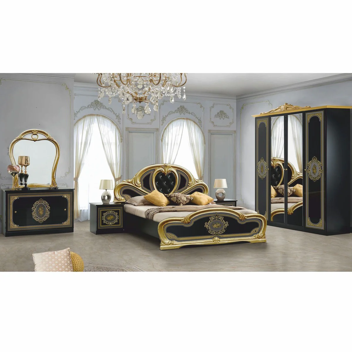 Luxury Baroque Bedroom Cabinet Black / Gold 177 cm - Baroque Bedroom Furniture