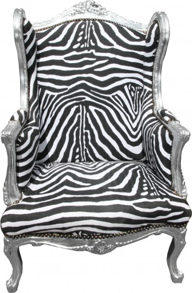 Baroque Lounge Throne Chair Zebra / Silver - Ear Armchair - Wing Chair Tron Chair