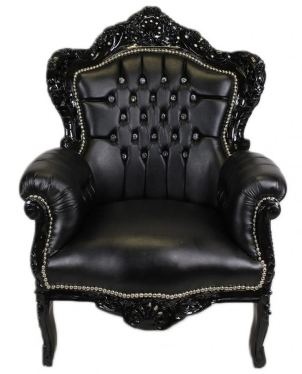 Baroque armchair King black leather look with bling bling rhinestones - luxury collection