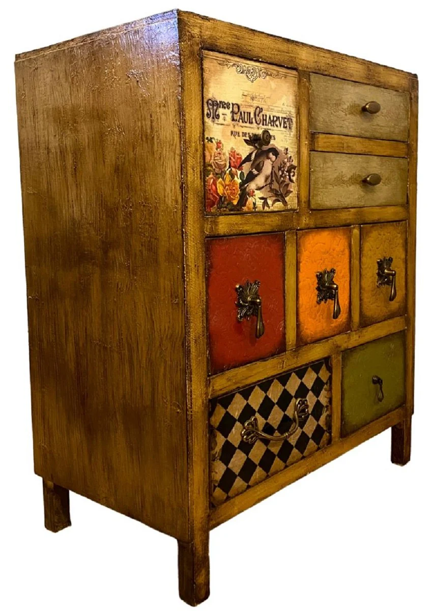 Luxury country house style chest of drawers brown / multicolored - handmade solid wood cabinet with 8 drawers - country house style furniture