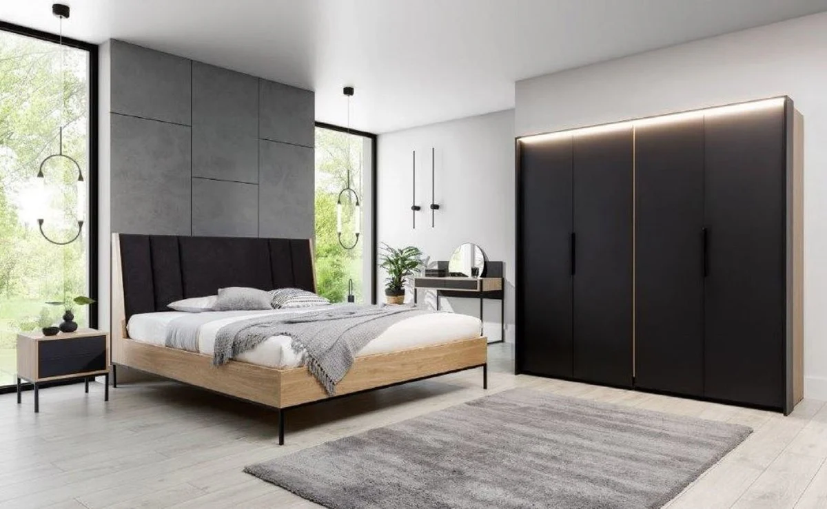 Luxury double bed black / natural colors - noble solid wood bed with headboard - bedroom furniture - hotel furniture - luxury furniture - bedroom furnishings - luxury furnishings