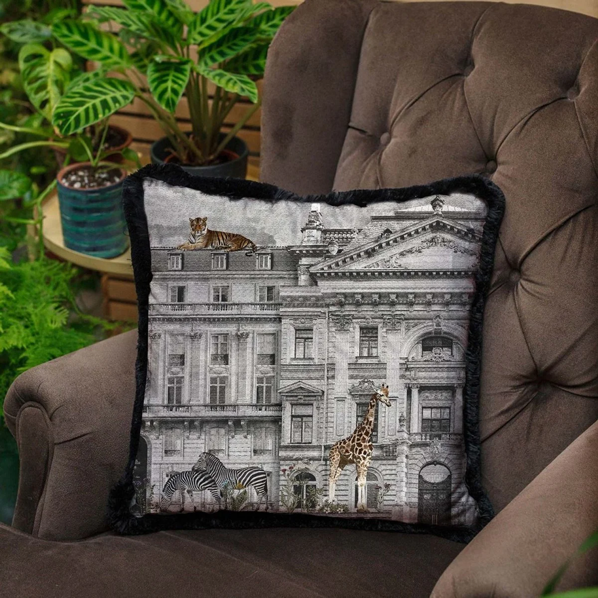 Luxury decorative cushion magnificent house & animals gray / multicolored / black 45 x 45 cm - printed velvet cushion with fringes - luxury decorative accessories