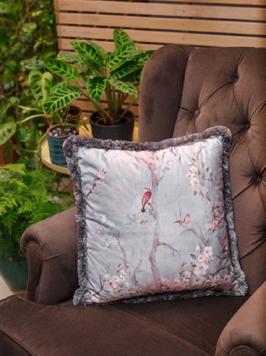 Luxury decorative cushion birds in the forest light gray / multicolored 45 x 45 cm - printed velvet cushion with fringes - living room decorative accessories