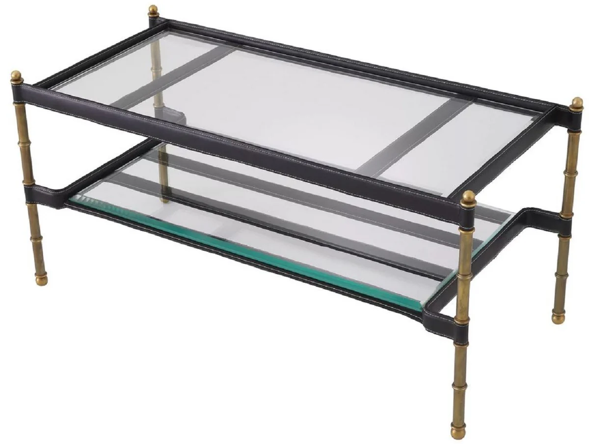 Luxury coffee table vintage brass / black 95 x 42 x H. 46 cm - Modern living room table with glass tops and real leather - Living room furniture - Luxury furniture
