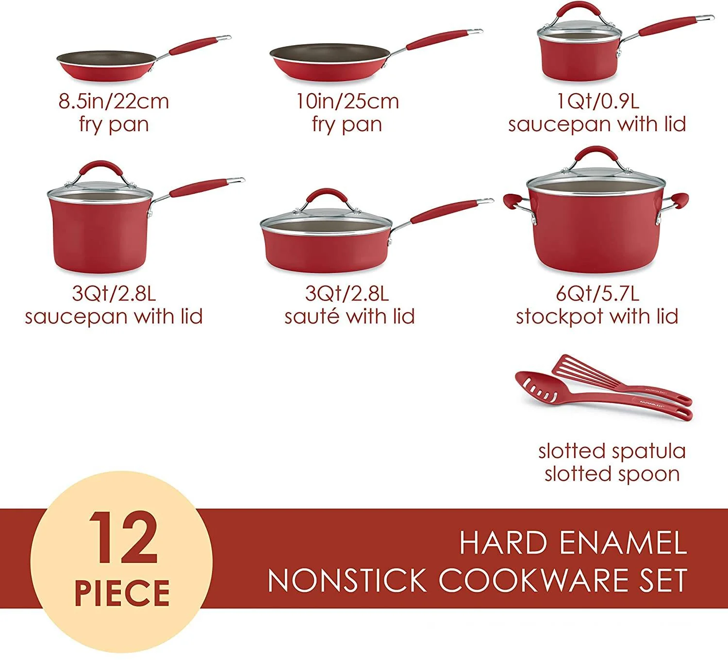 12 Piece Cranberry Red Non-Stick Pots and Pans Cookware Set