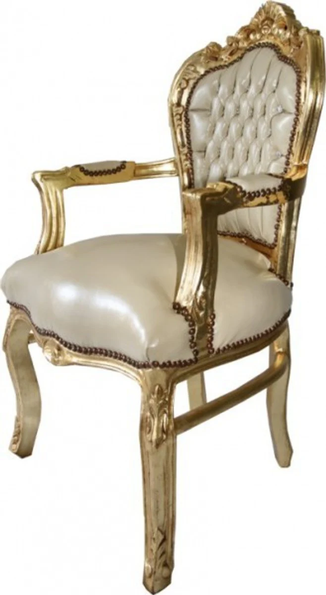 Baroque dining room chair with armrests cream leather look / gold - furniture