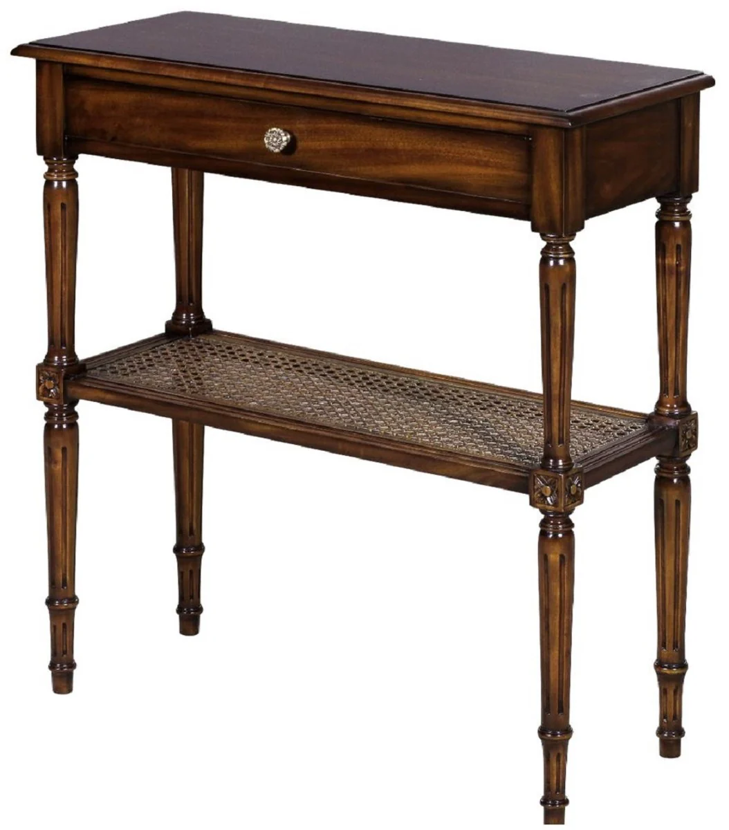 Luxury Art Nouveau bedside table brown 71 x 28 x H. 76 cm - Elegant solid wood bedside table - Side table with drawer and rattan shelf - Bedroom furniture