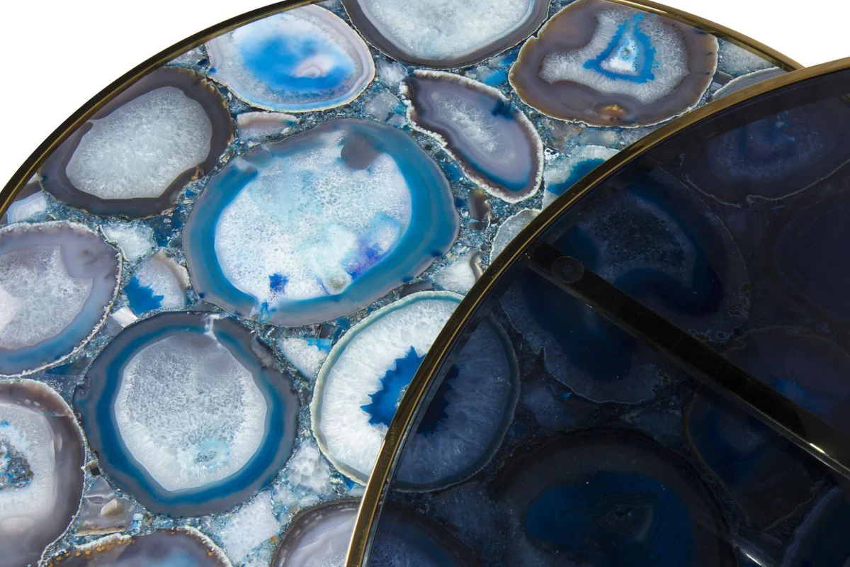Luxury coffee table set blue / gold - 2 round living room tables with agate gemstone and glass top - luxury quality - luxury living room furniture