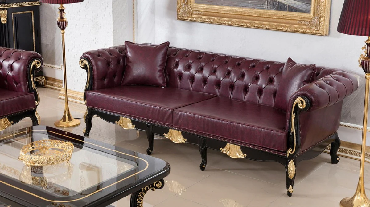 Luxury Baroque Chesterfield Leather Sofa Bordeaux Red / Black / Gold - Magnificent Living Room Real Leather Sofa - Baroque Chesterfield Leather Furniture - Luxury Furniture in Baroque Style