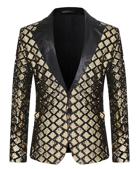 Glamorous Black Argyle Glitter Sequin Lapel Collar One Button Blazer