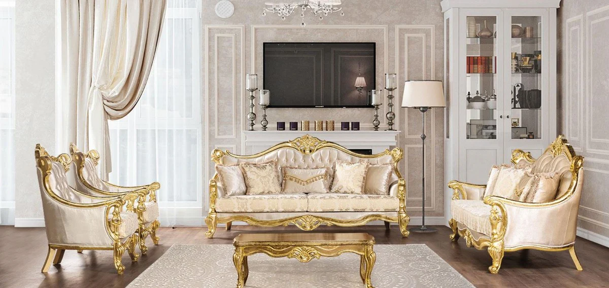 Luxury Baroque Living Room Set Beige / Gold - 2 Baroque Sofas with Pattern & 2 Baroque Armchairs with Pattern & 1 Baroque Coffee Table - Baroque Living Room Furniture