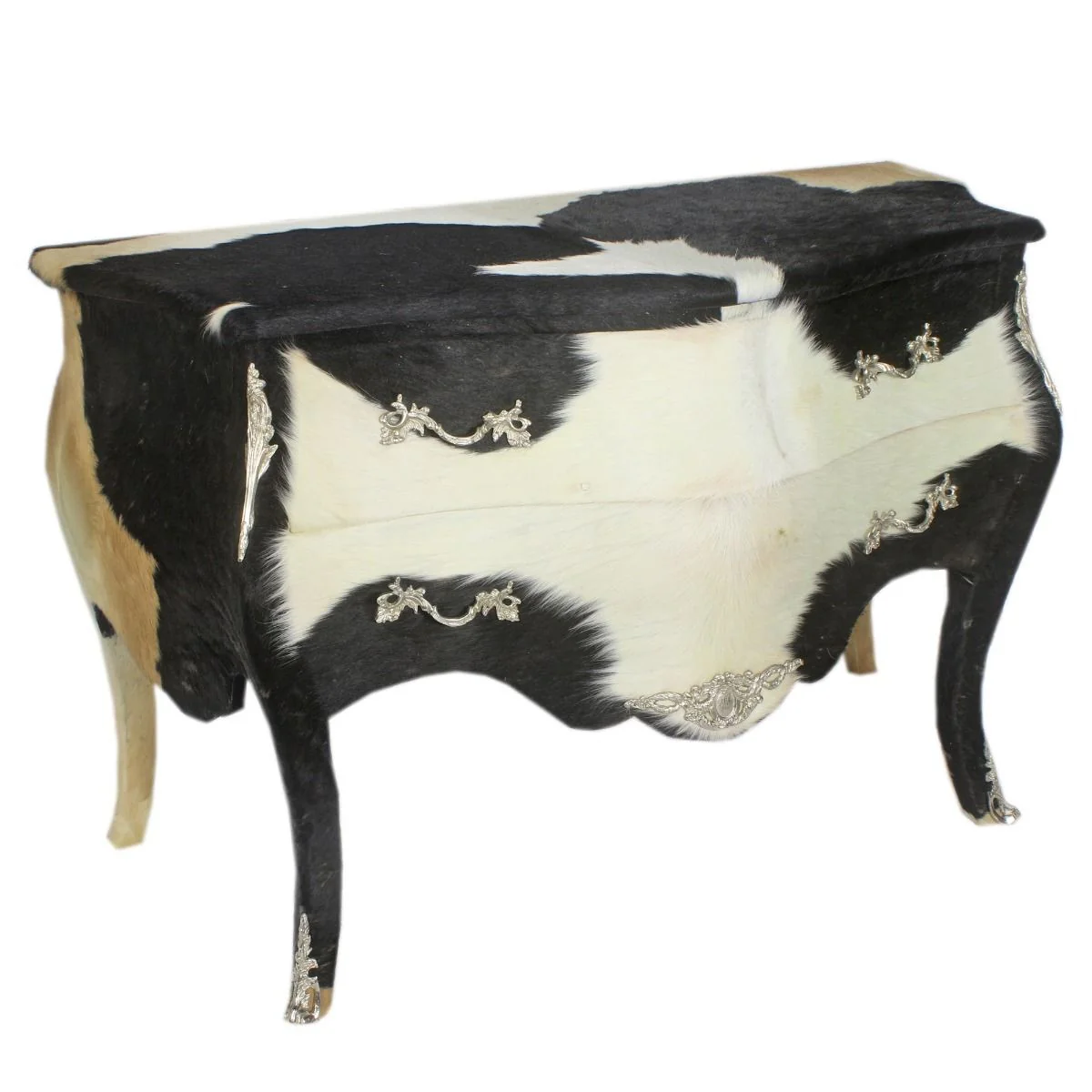 Baroque cowhide chest of drawers black / white with silver metal applications 120 cm - antique style furniture