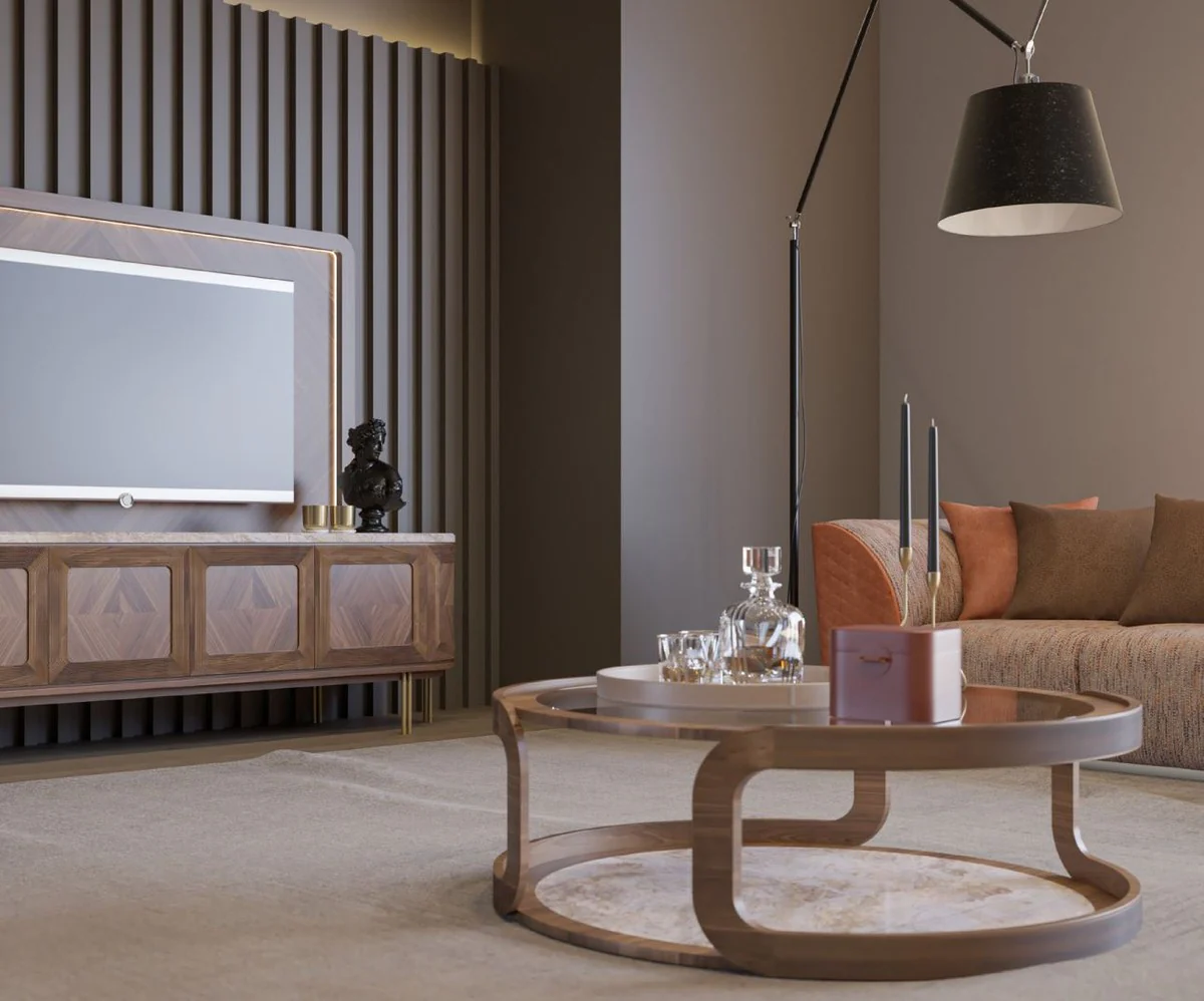 Luxury coffee table brown / beige Ø 120 x H. 40 cm - Round solid wood living room table with glass top and marble top - Living room furniture - Hotel furniture - Luxury furniture - Luxury furnishings