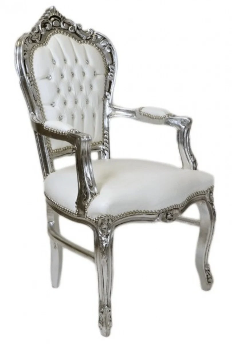 Baroque dining room chair with armrests white / silver leather look with bling bling rhinestones