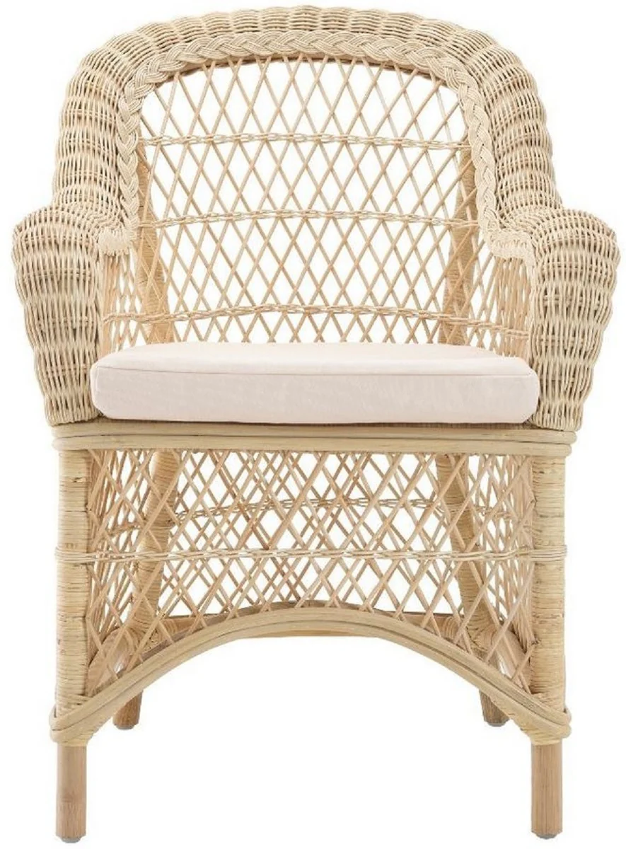 Luxury rattan dining chair with armrests and cushions natural / cream 63 x 68 x H. 88 cm - Dining room furniture