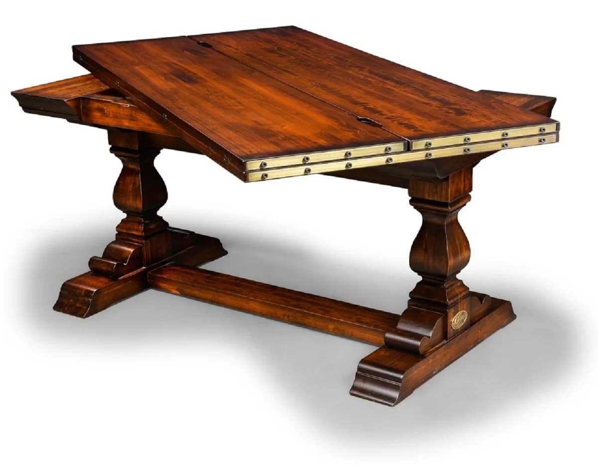 Luxury vintage style dining table brown / brass 180 x 85 x H. 78 cm - Rectangular solid wood dining room table with fold-out table top - Dining room furniture - Luxury vintage style furniture